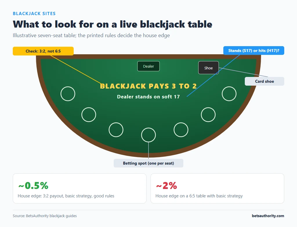 Illustrative live blackjack table with seven betting spots, dealer, card shoe and the rules Blackjack pays 3 to 2 and Dealer stands on soft 17 printed on the felt