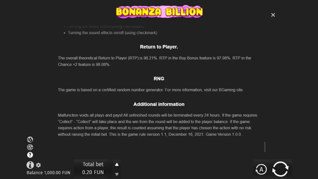 Bonanza Billion rules showing 98.21% RTP, 97.98% Buy Bonus and 98.08% Chance x2