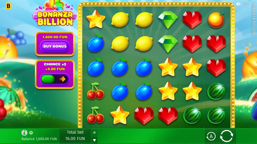 Bonanza Billion 6x5 pay-anywhere grid with Buy Bonus and Chance x2 buttons