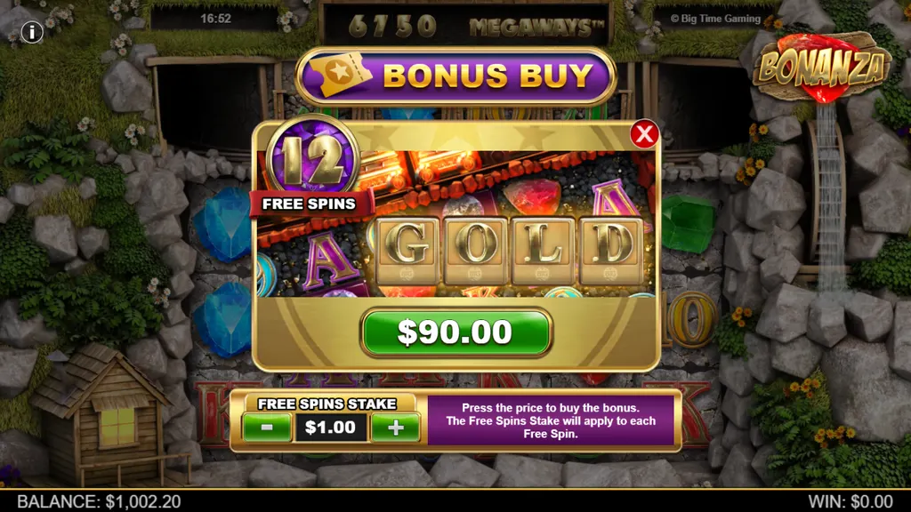 Bonanza Megaways bonus buy for 12 free spins at 90x the stake