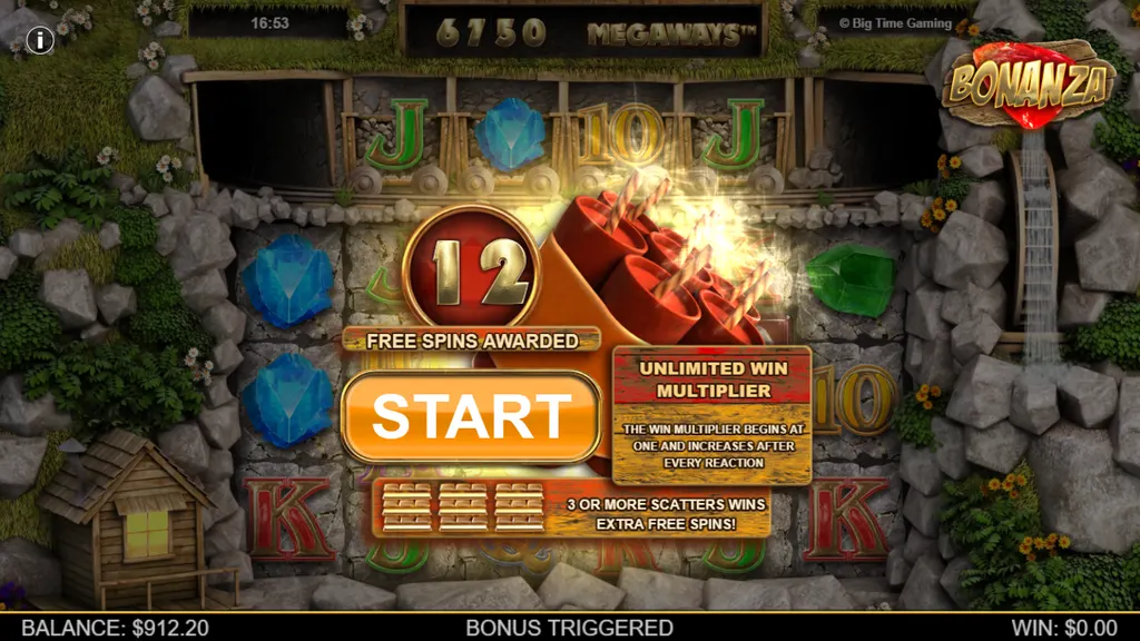 Bonanza Megaways 12 free spins awarded screen