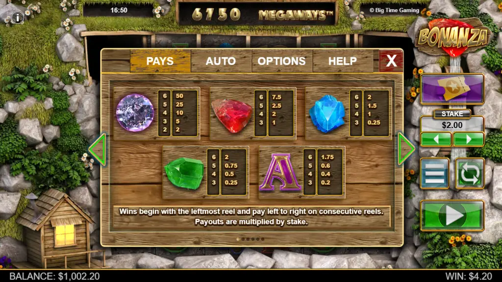 Bonanza Megaways paytable for the gem and letter symbols