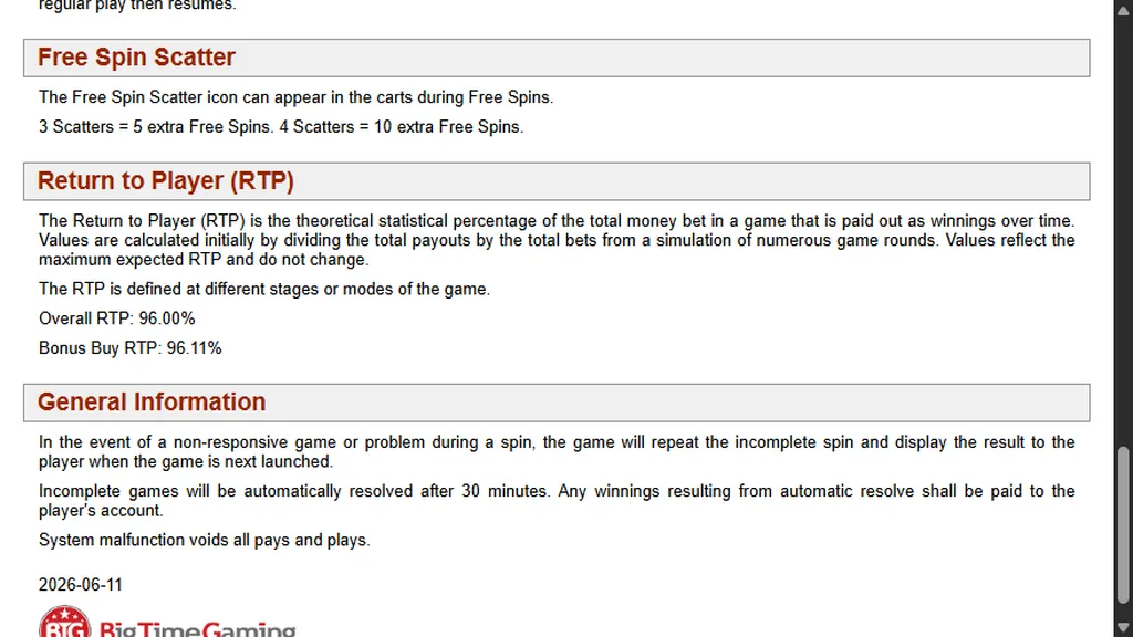 Bonanza Megaways game rules showing 96.00% RTP