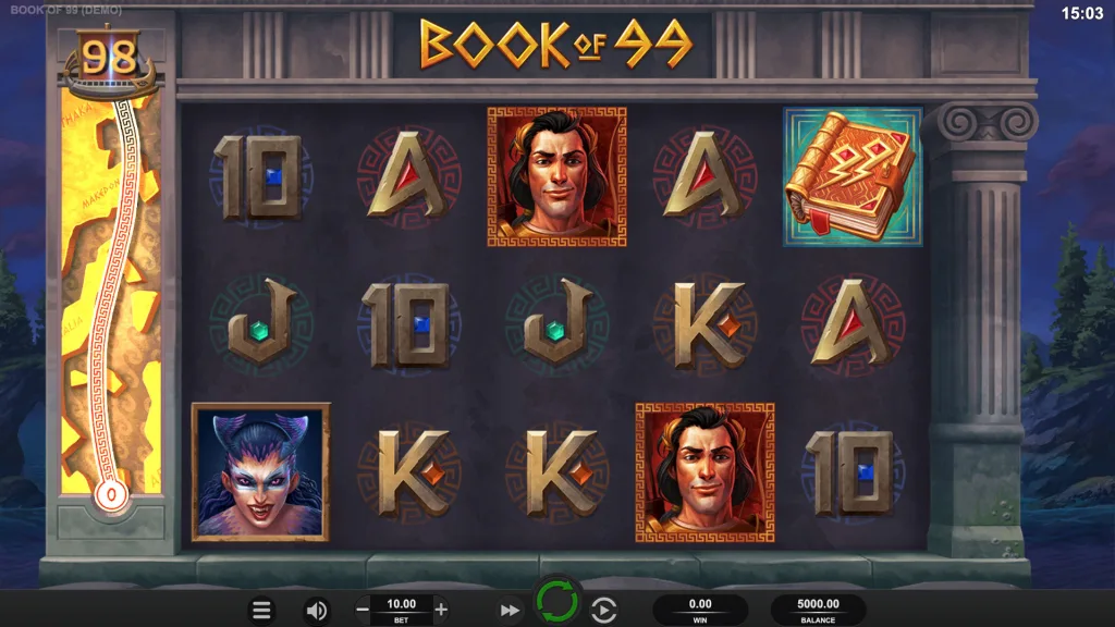 Book of 99 official screenshot by Relax Gaming showing the 5x3 reels and the book collection meter