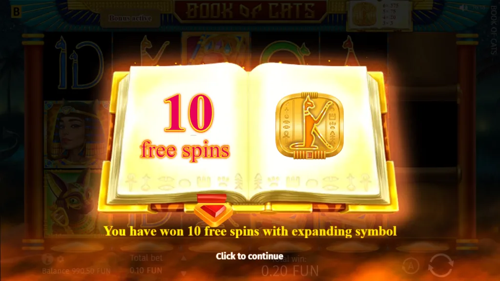 Book of Cats 10 free spins with K as expanding symbol