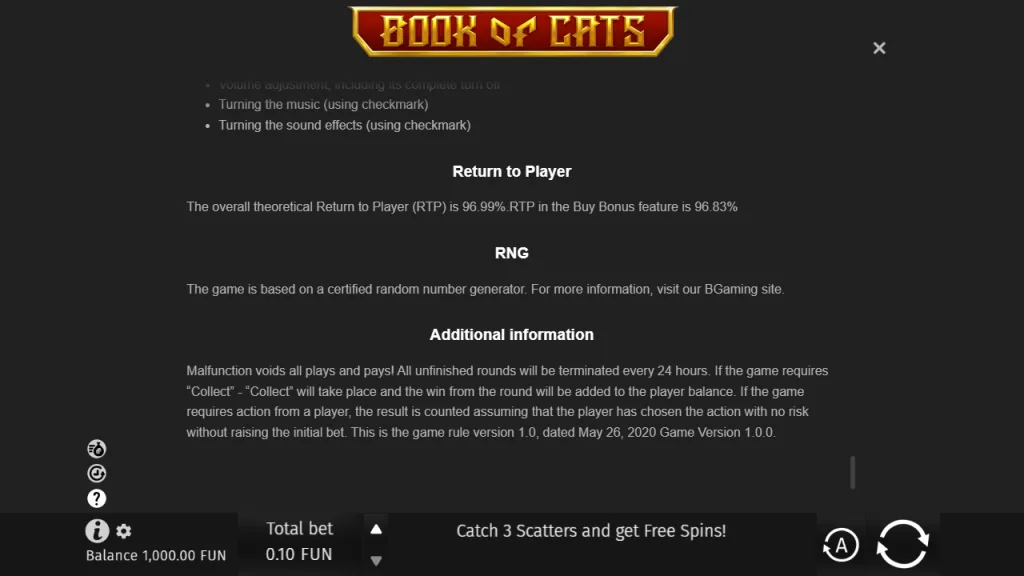 Book of Cats rules showing 96.99% RTP and 96.83% Buy Bonus RTP
