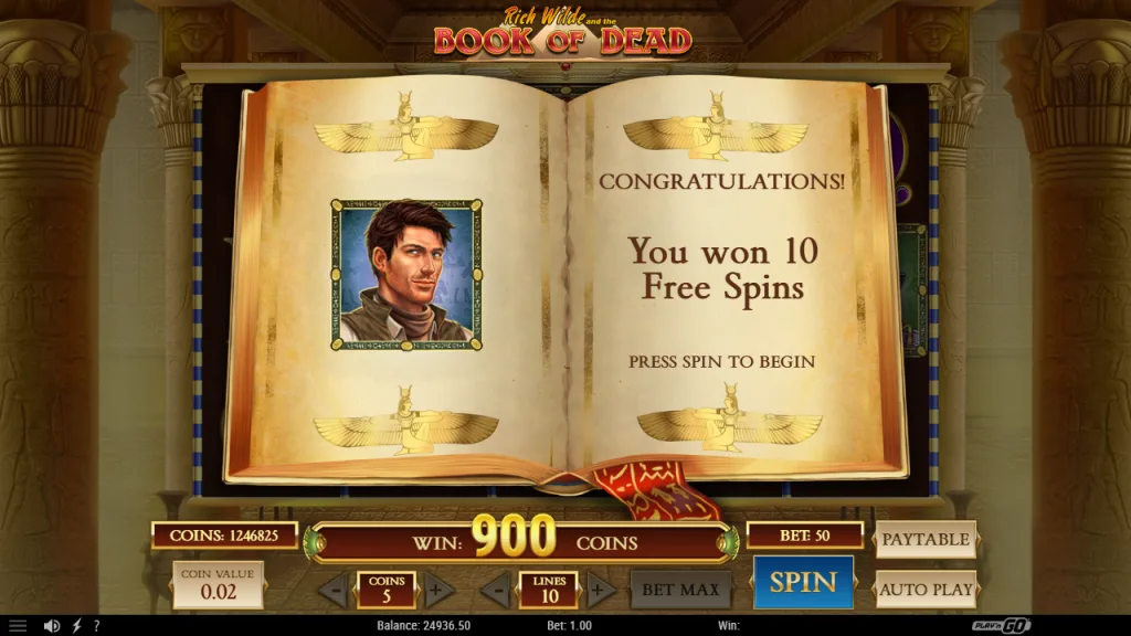 Book of Dead 10 free spins awarded with Rich Wilde as expanding symbol