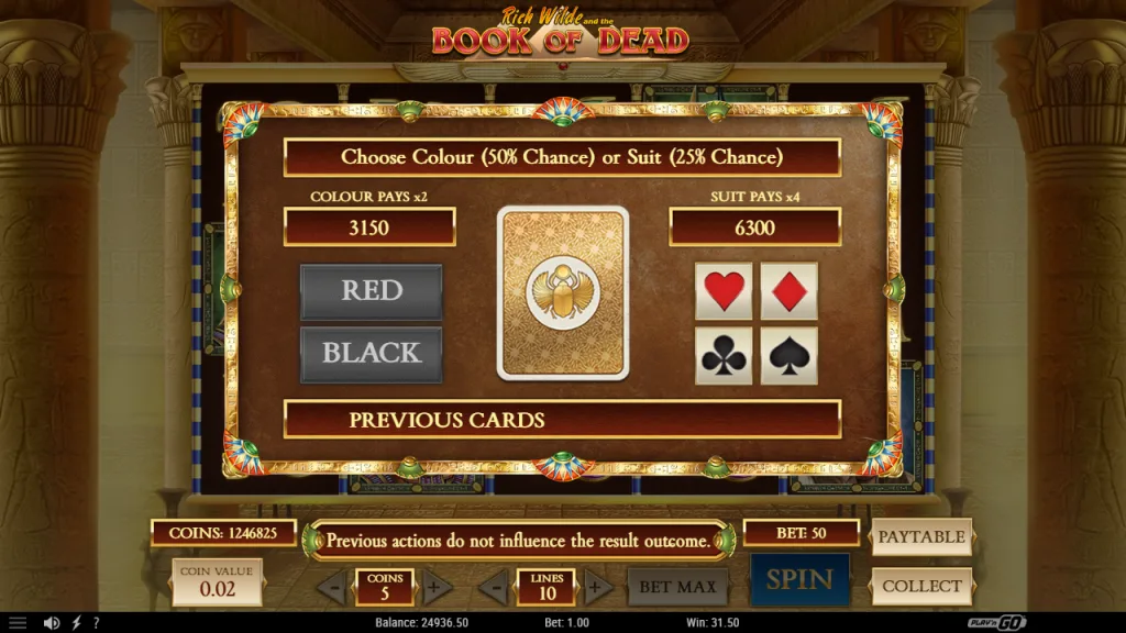 Book of Dead gamble feature with colour and suit card choice
