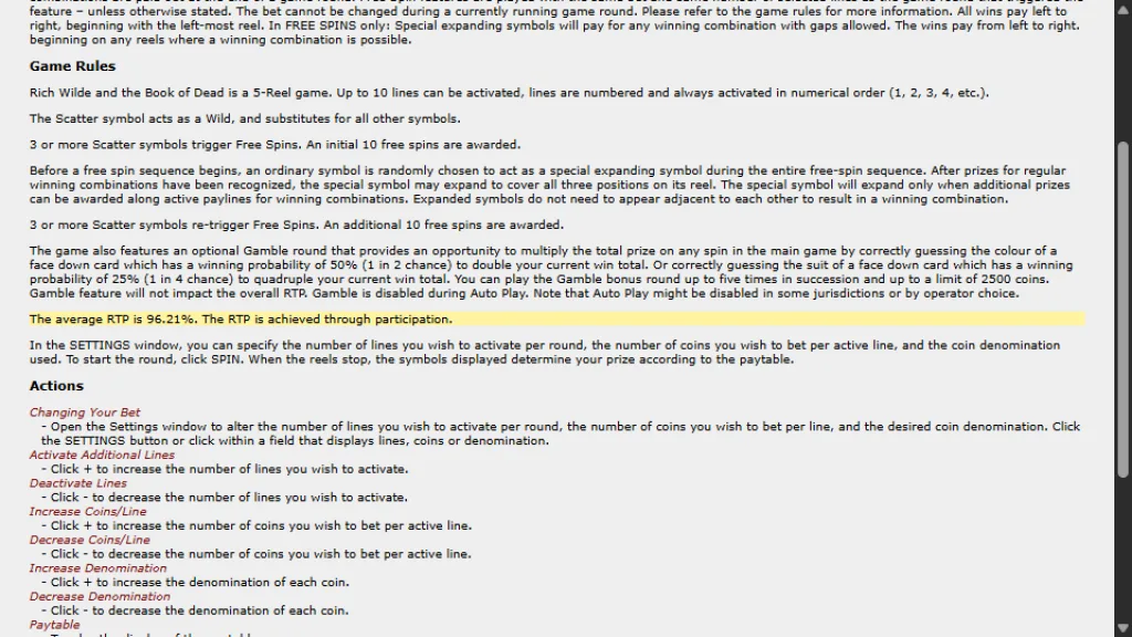 Book of Dead game rules showing the 96.21% average RTP