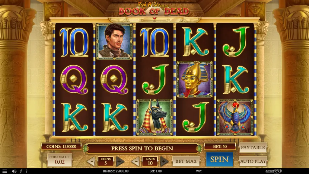 Book of Dead base game 5x3 reels with 10 paylines