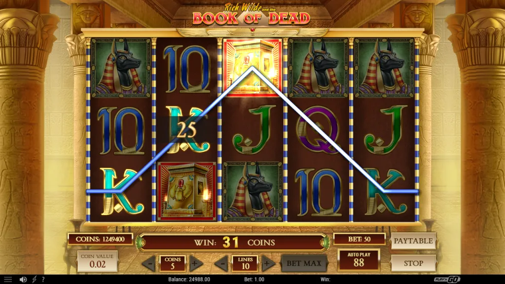 Book of Dead line win with the Tomb symbol acting as wild