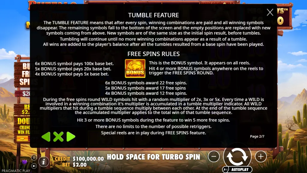 Buffalo King Megaways tumble feature and free spins rules