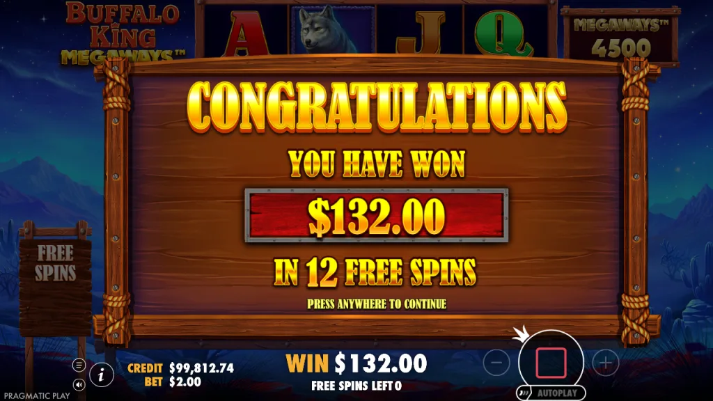 Buffalo King Megaways 12 free spins total win screen