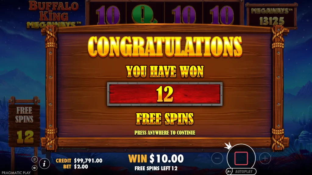 Buffalo King Megaways 12 free spins awarded screen