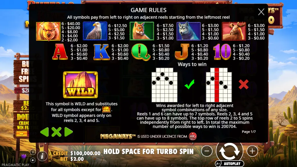Buffalo King Megaways paytable and wild symbol rules