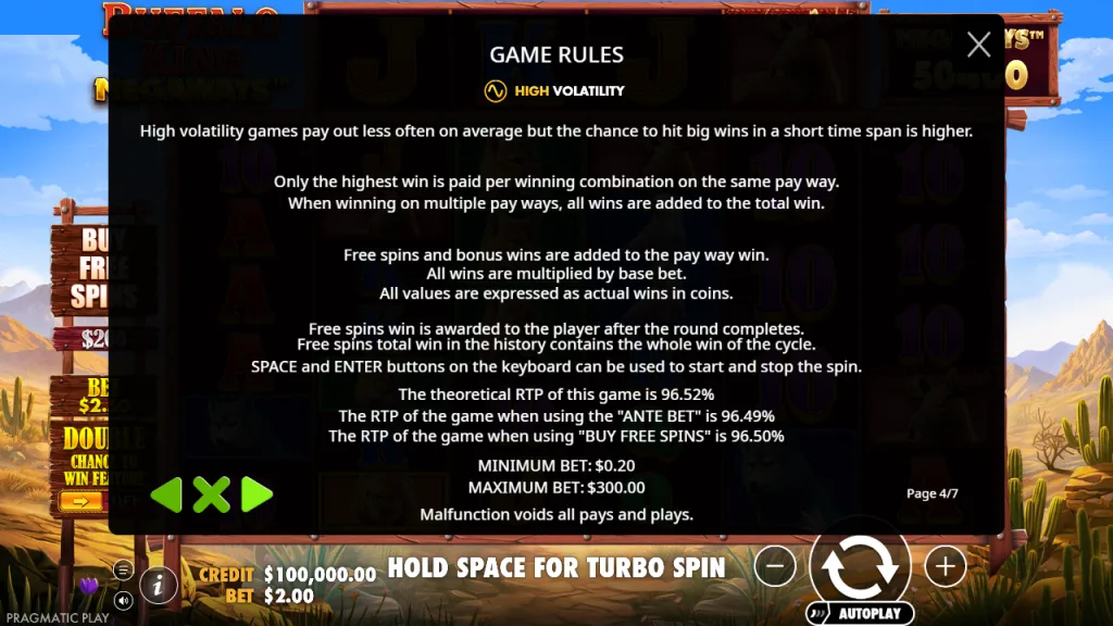 Buffalo King Megaways game rules with 96.52% RTP and high volatility