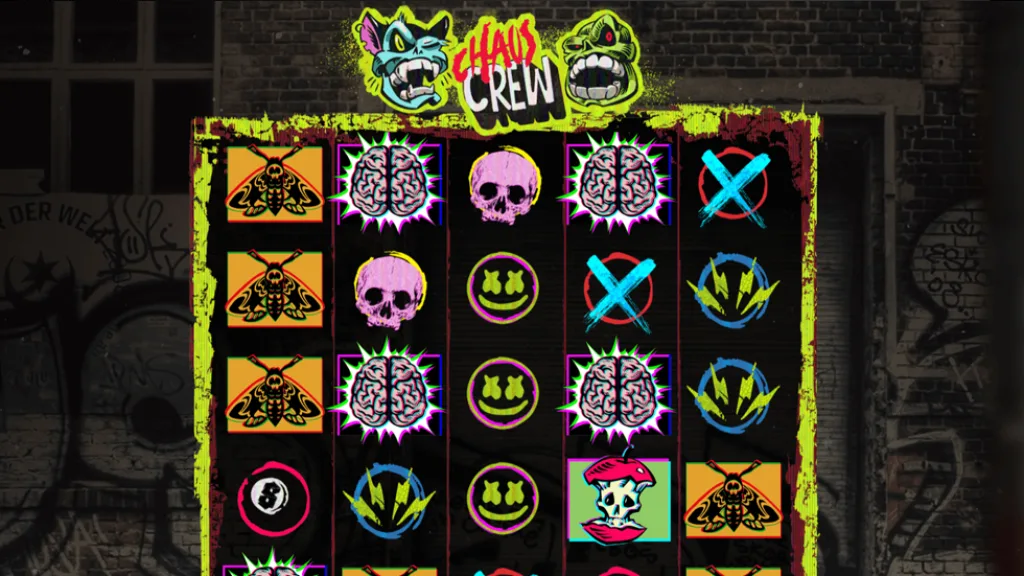 Chaos Crew official promo screenshot of the logo and reels with brain, skull, moth and smiley symbols