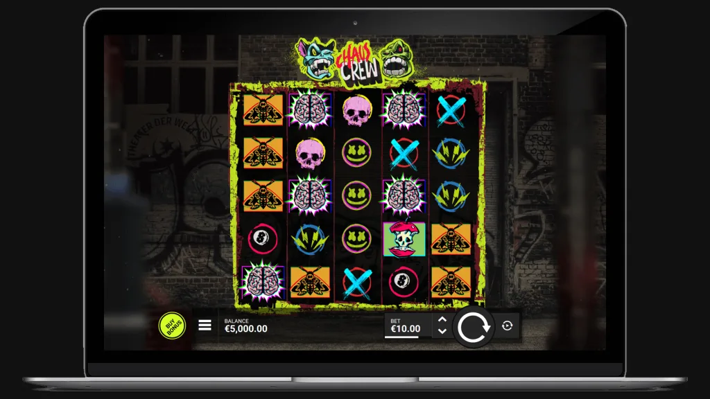 Chaos Crew official Hacksaw Gaming promo image of the 5x5 reels on a laptop