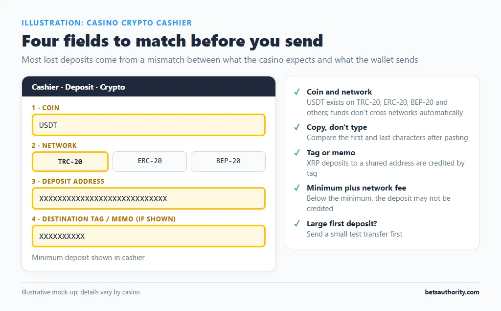 Mock-up of a casino crypto cashier with the coin, network selector (TRC-20, ERC-20, BEP-20), deposit address and destination tag or memo fields highlighted, next to a pre-send checklist