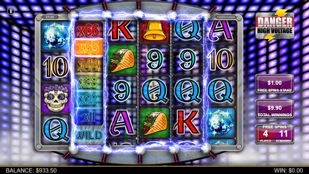 Danger High Voltage free spins wild reel with x11 to x66 multipliers