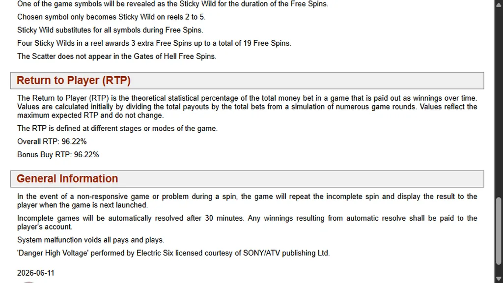 Danger High Voltage game rules showing 96.22% RTP