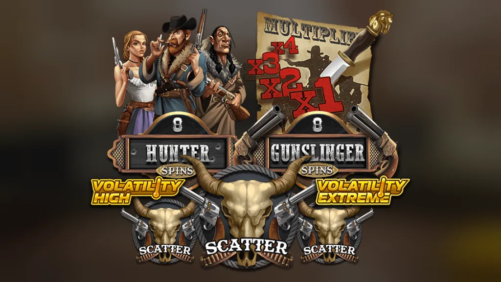 Deadwood Hunter Spins and Gunslinger Spins artwork with scatter symbols, official Nolimit City art