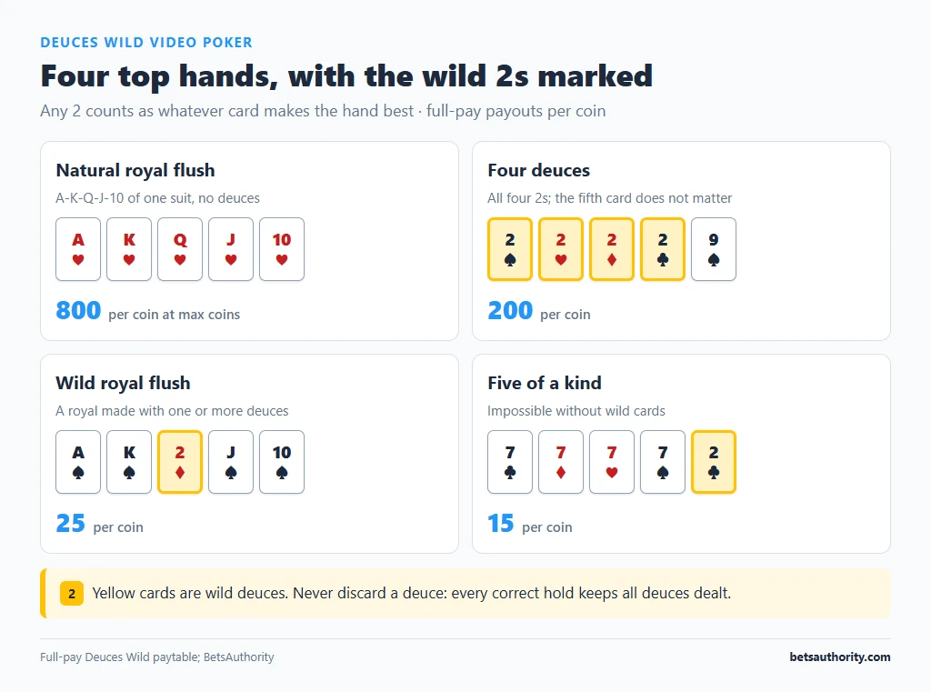 Deuces Wild example hands: natural royal flush, four deuces, wild royal flush and five of a kind, with wild 2s highlighted and full-pay payouts