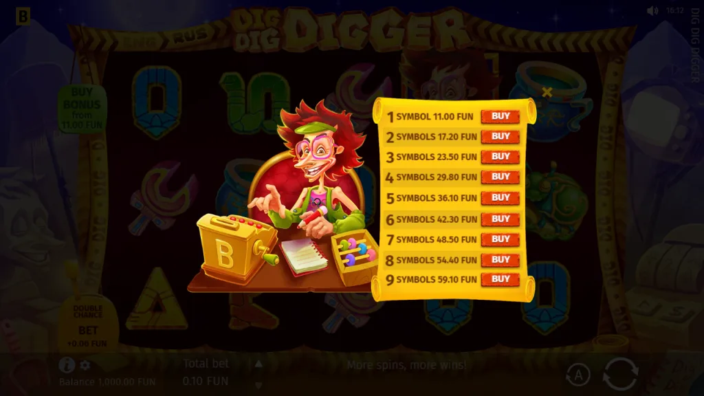 Dig Dig Digger Buy Bonus menu with 1 to 9 expanding symbols