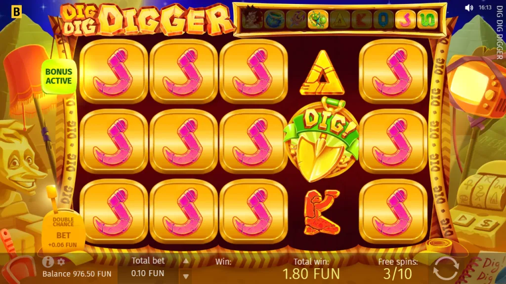 Dig Dig Digger J symbols expanding on four reels during free spins