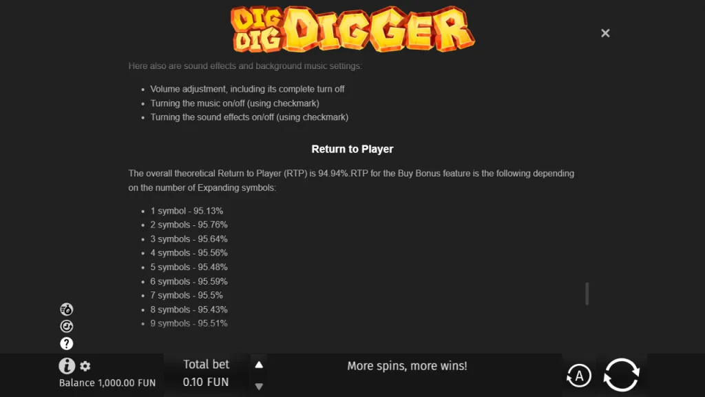 Dig Dig Digger rules showing 94.94% RTP and Buy Bonus RTP by number of expanding symbols