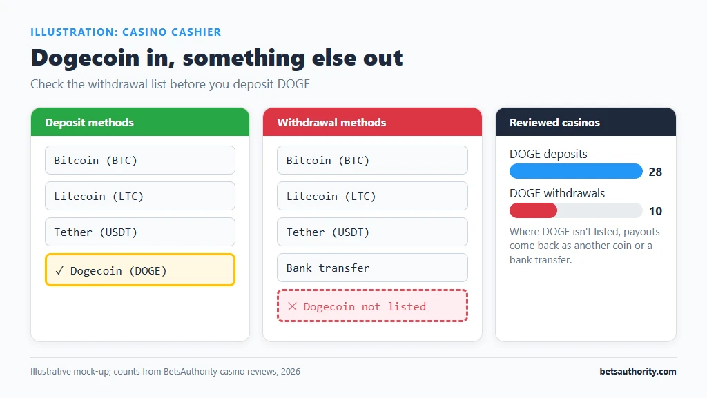 Mock-up of casino deposit and withdrawal method lists showing Dogecoin under deposits but not under withdrawals, with 28 reviewed casinos accepting DOGE deposits and 10 listing DOGE withdrawals