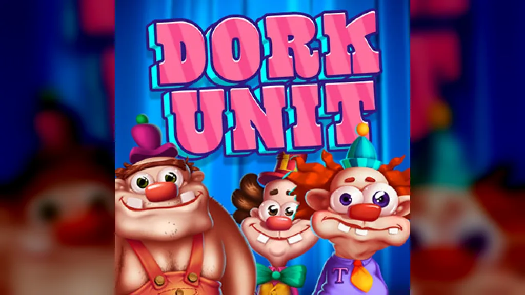 Dork Unit official promo tile by Hacksaw Gaming: the pink Dork Unit logo above three cartoon characters