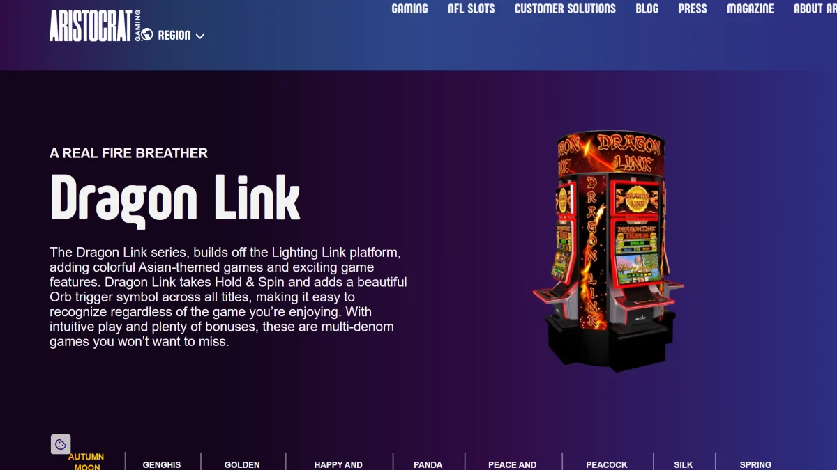 Aristocrat Gaming's Dragon Link series page in October 2026 with a Dragon Link cabinet and the description of the orb trigger symbol