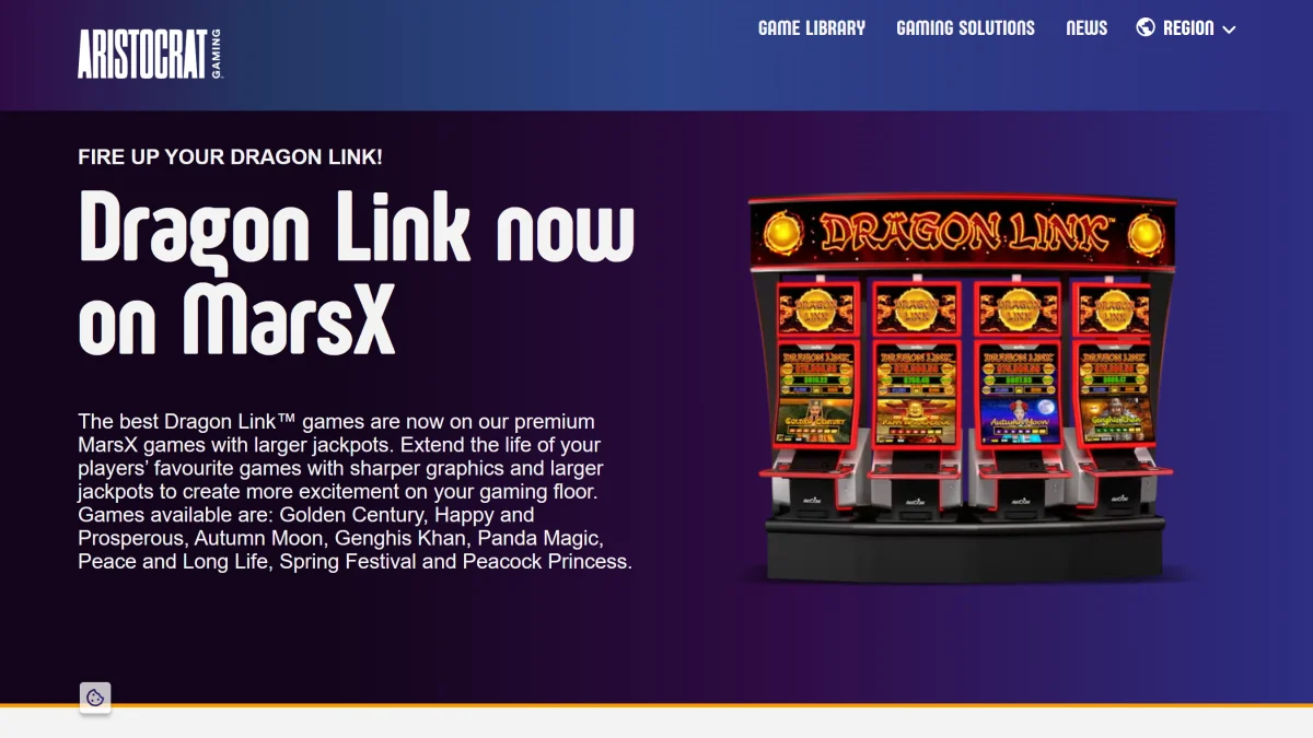 Aristocrat Gaming Australia page announcing Dragon Link on MarsX cabinets, with four Dragon Link machines including Golden Century and Autumn Moon