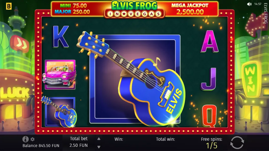 Elvis Frog in Vegas Blazing Reels giant guitar symbol in free spins