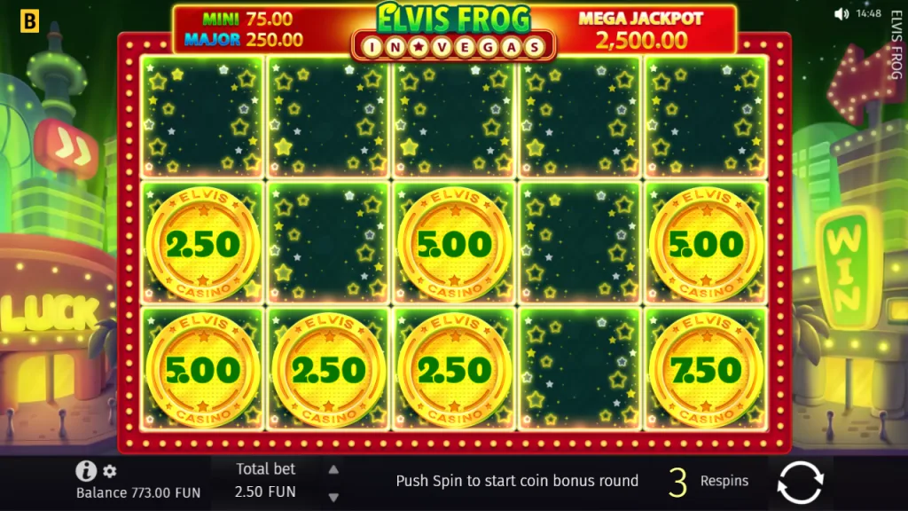 Elvis Frog in Vegas Coin Respin feature triggered by coin symbols