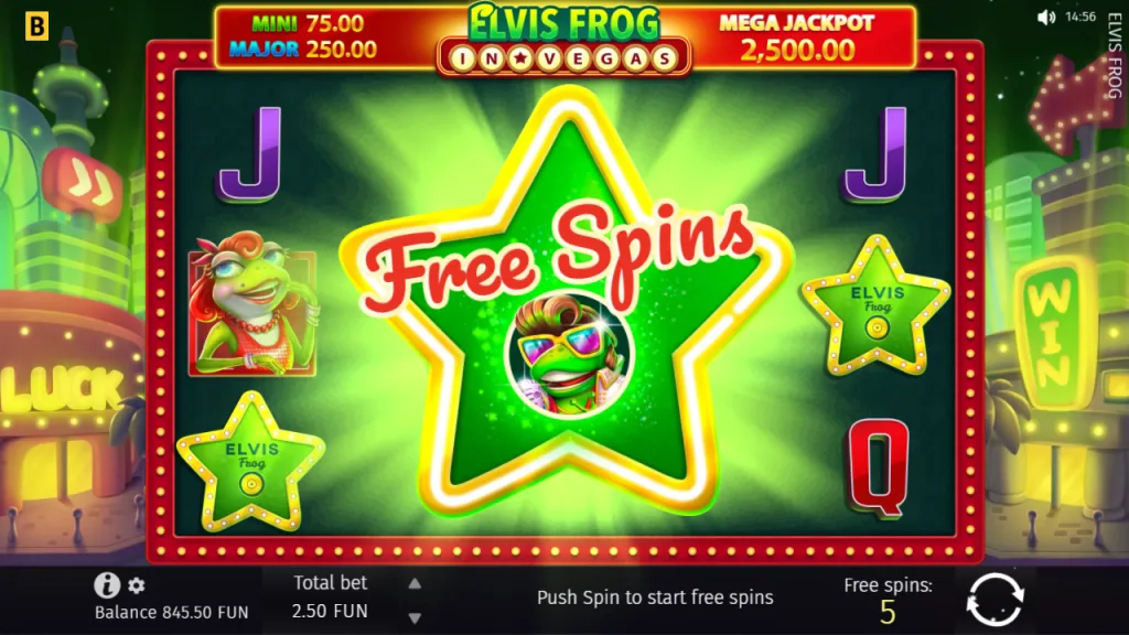 Elvis Frog in Vegas 5 free spins awarded screen