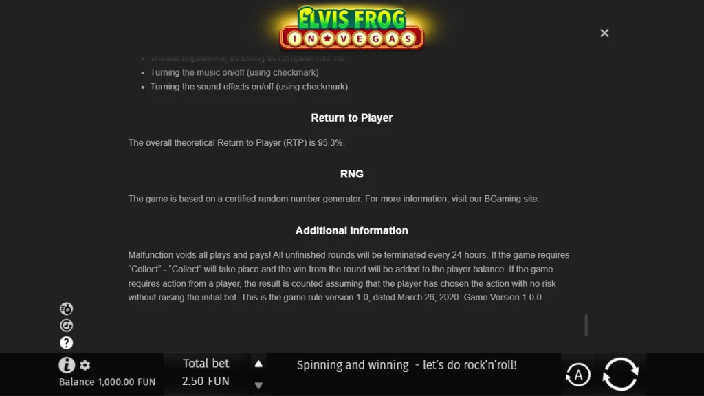 Elvis Frog in Vegas game rules showing 95.3% RTP