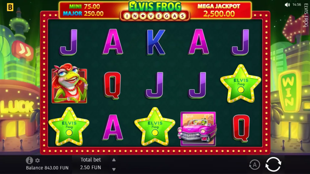 Three star scatters on reels 1, 3 and 5 trigger Elvis Frog in Vegas free spins