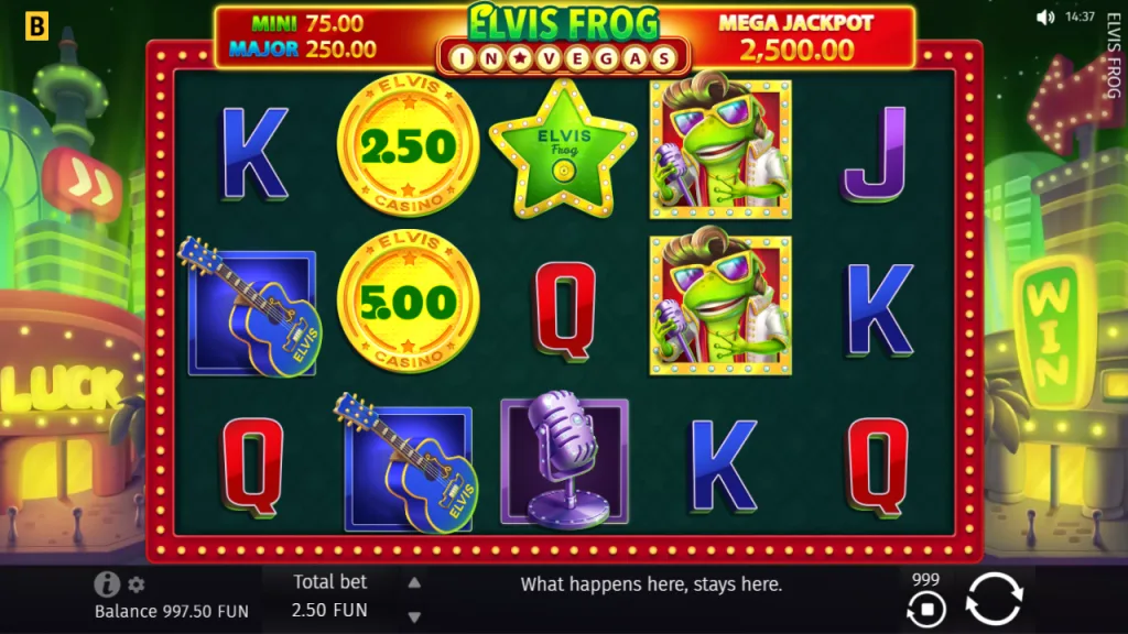 Elvis Frog in Vegas 5x3 reels with wild, coin and star scatter symbols