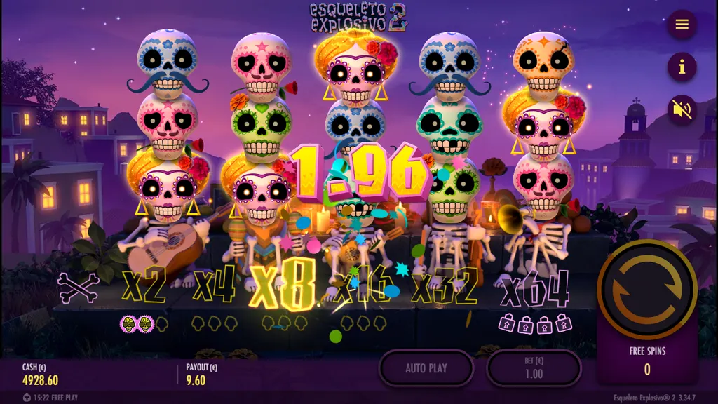 Esqueleto Explosivo 2 bonus game win with the x8 multiplier and collected wilds