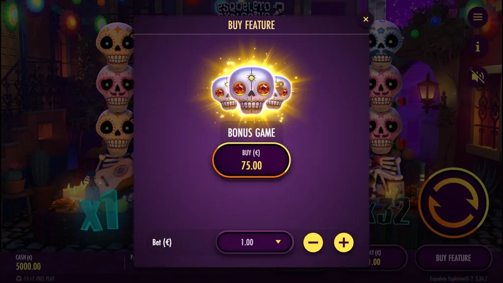 Esqueleto Explosivo 2 Buy Feature screen priced at 75x the bet