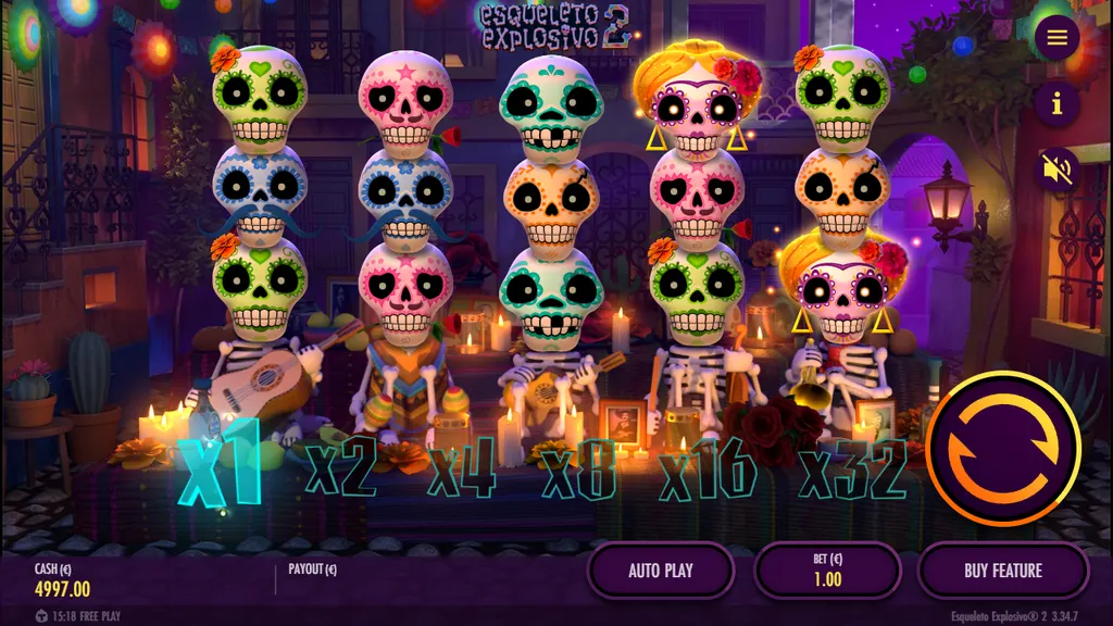 Esqueleto Explosivo 2 base game with 5 reels and the Mucho Multiplier bar