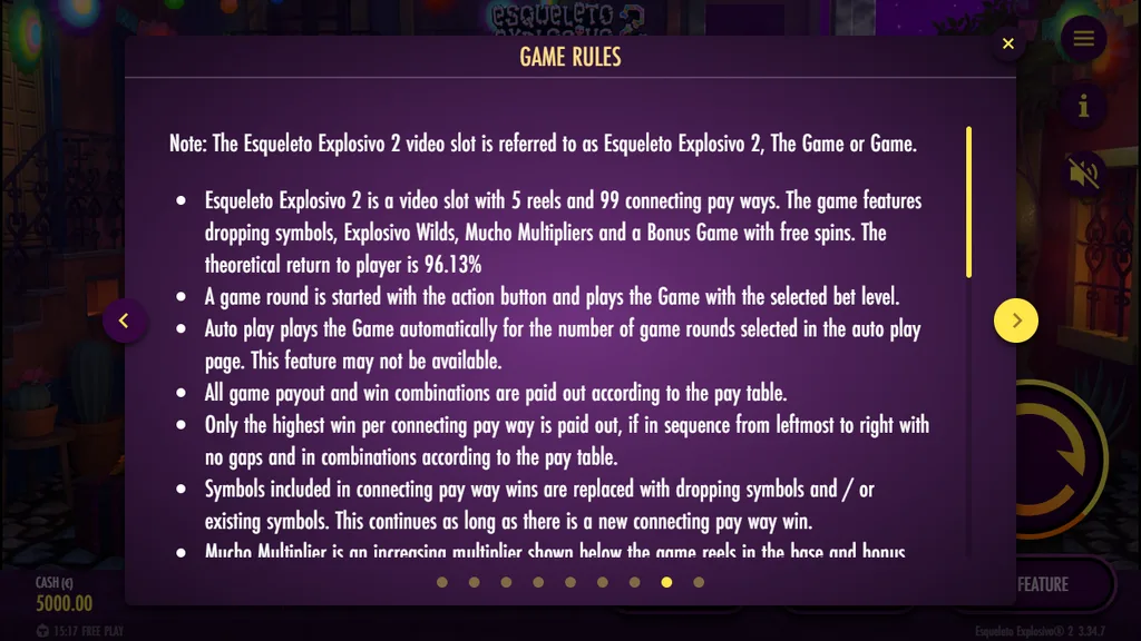 Esqueleto Explosivo 2 game rules showing 96.13% return to player