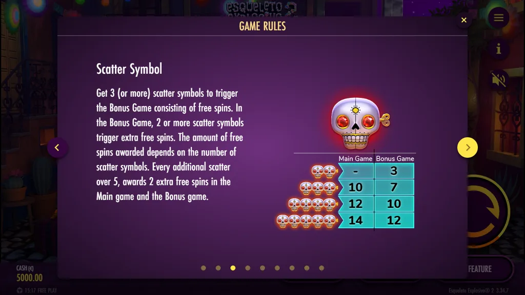 Esqueleto Explosivo 2 scatter table with free spins for 3, 4 and 5 scatters