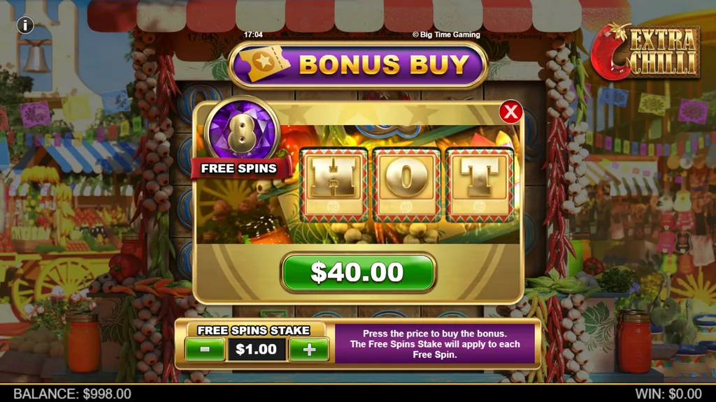 Extra Chilli bonus buy for 8 free spins at 40x the stake