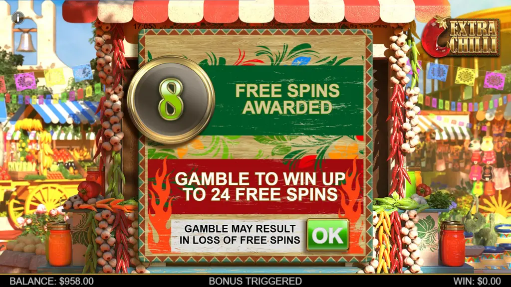 Extra Chilli 8 free spins awarded with the option to gamble up to 24