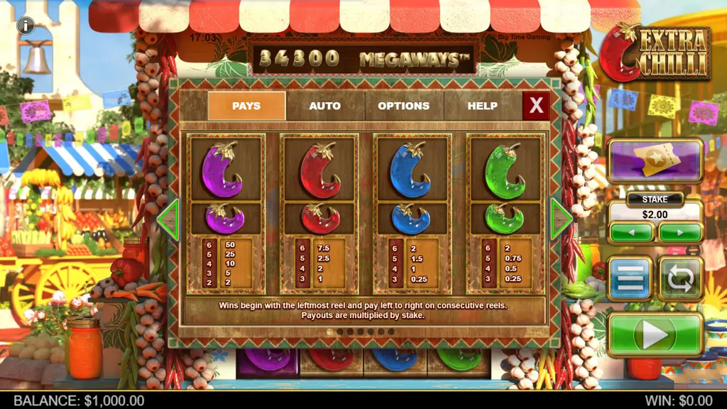 Extra Chilli paytable for the four gem chillies