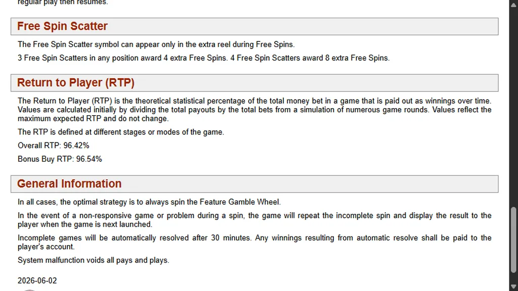 Extra Chilli game rules showing 96.42% RTP