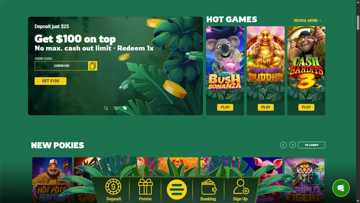 Fair Go Casino home page coupon card showing code 25WIN100: deposit A$25 and get A$100 on top, no maximum cashout, redeem once, next to the Hot Games row, 29 October 2026